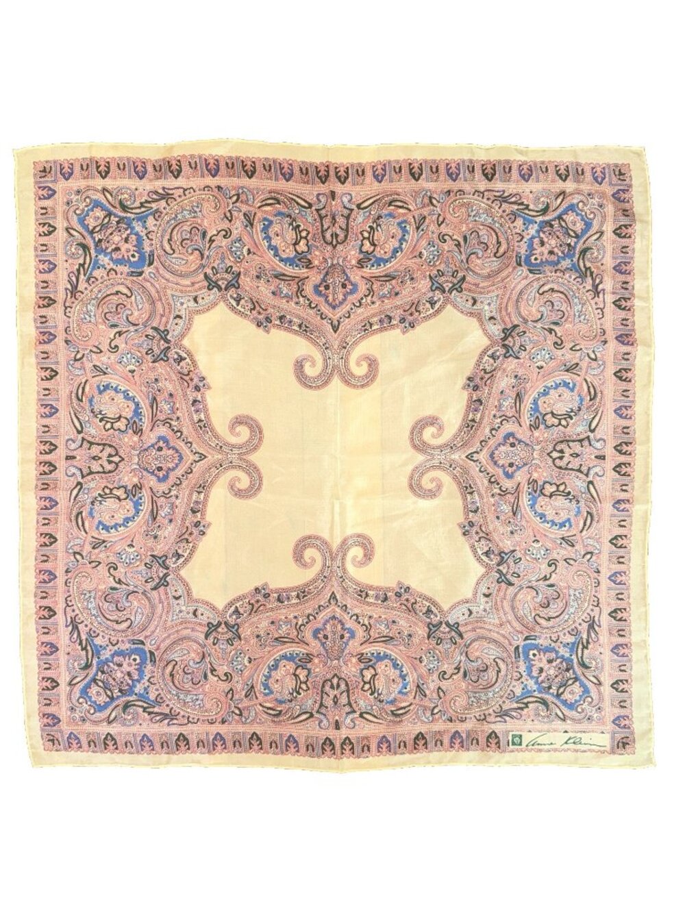 Vintage ANNE KLEIN SILK SCARF Paisley Borders Moghul Red Sky Blue Cream 26x26"